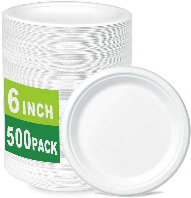 CantaGreen 500 Count 6 Inch Small Heavy Duty Compostable Dessert Plates Biodegradable Bagasse and Bamboo Fiber Paper Plates
